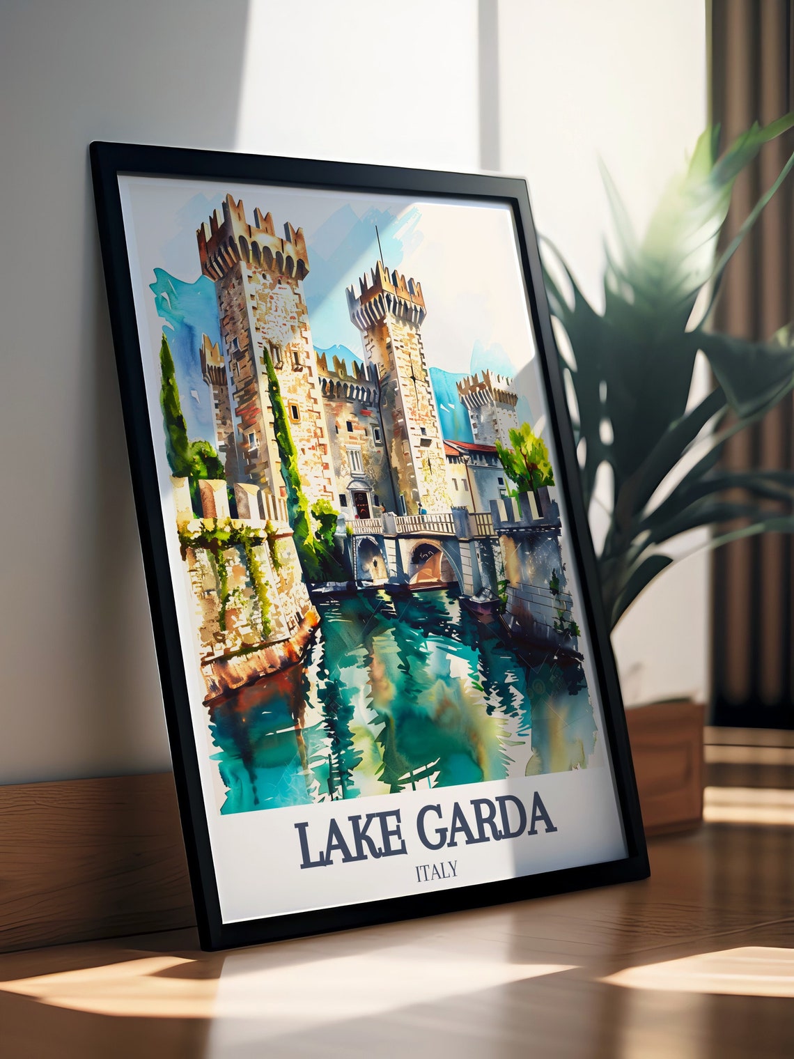 Lake Garda Italy Scaliger Castle Watercolor Lakefront Poster - Image 3
