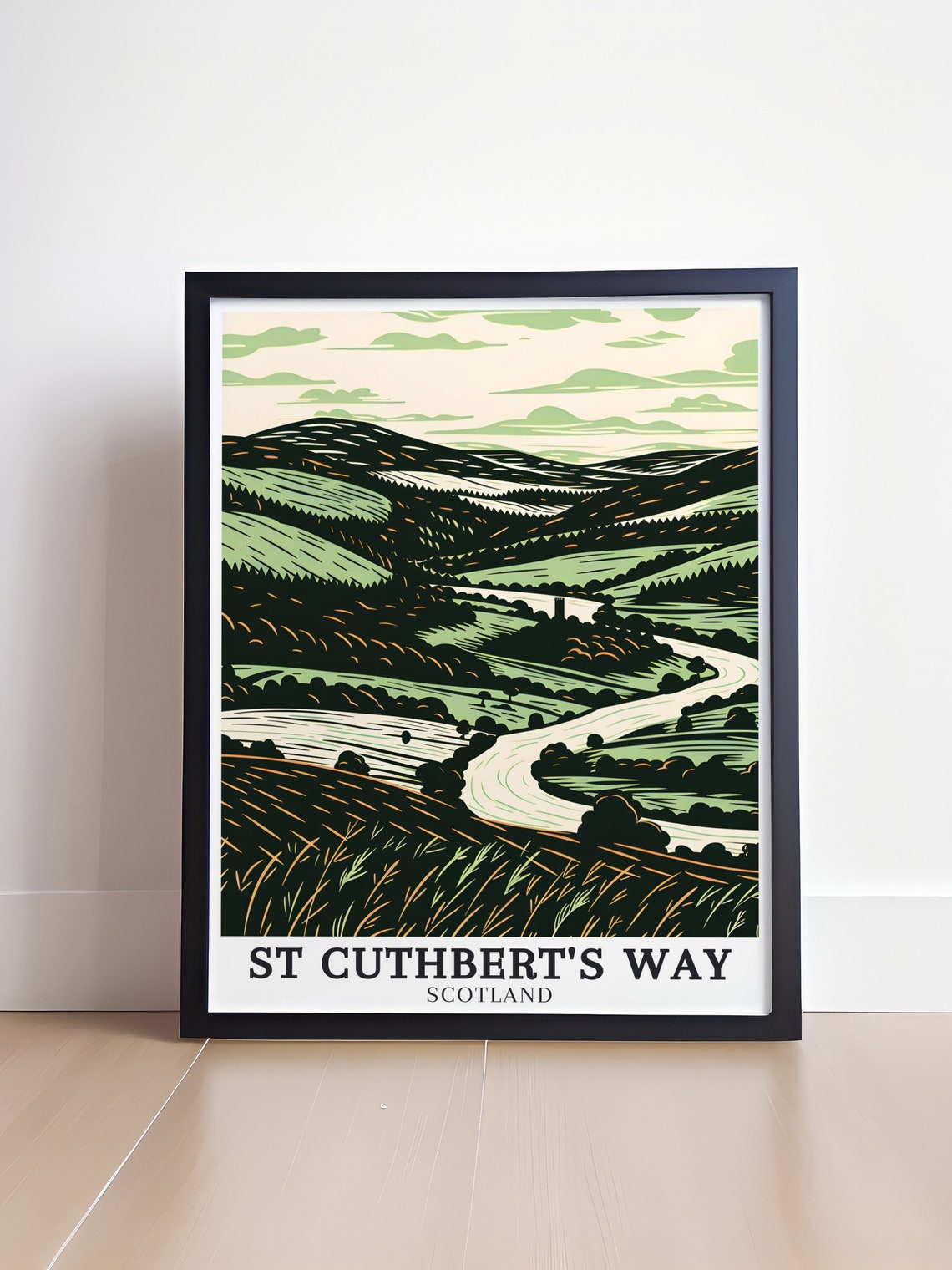 St Cuthbert's Way River Tweed Valley Woodcut Scotland Poster - Image 4