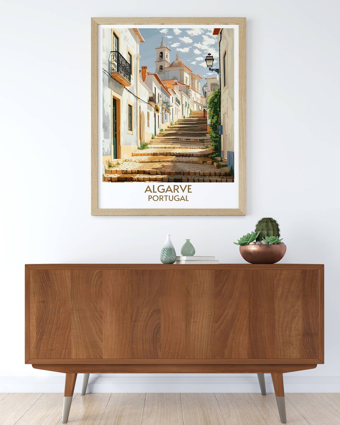 Algarve Portugal Old Town Sunny Cobbled Steps Faro Church Poster - Image 3