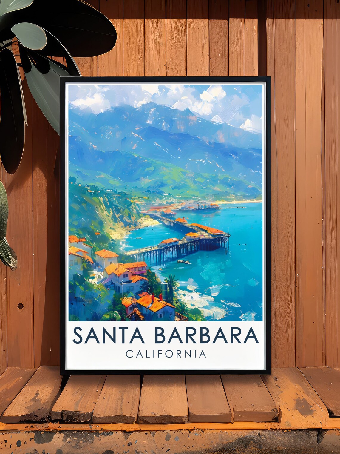 Santa Barbara Stearns Wharf Pier Beach Mountain View Travel Poster - Image 2