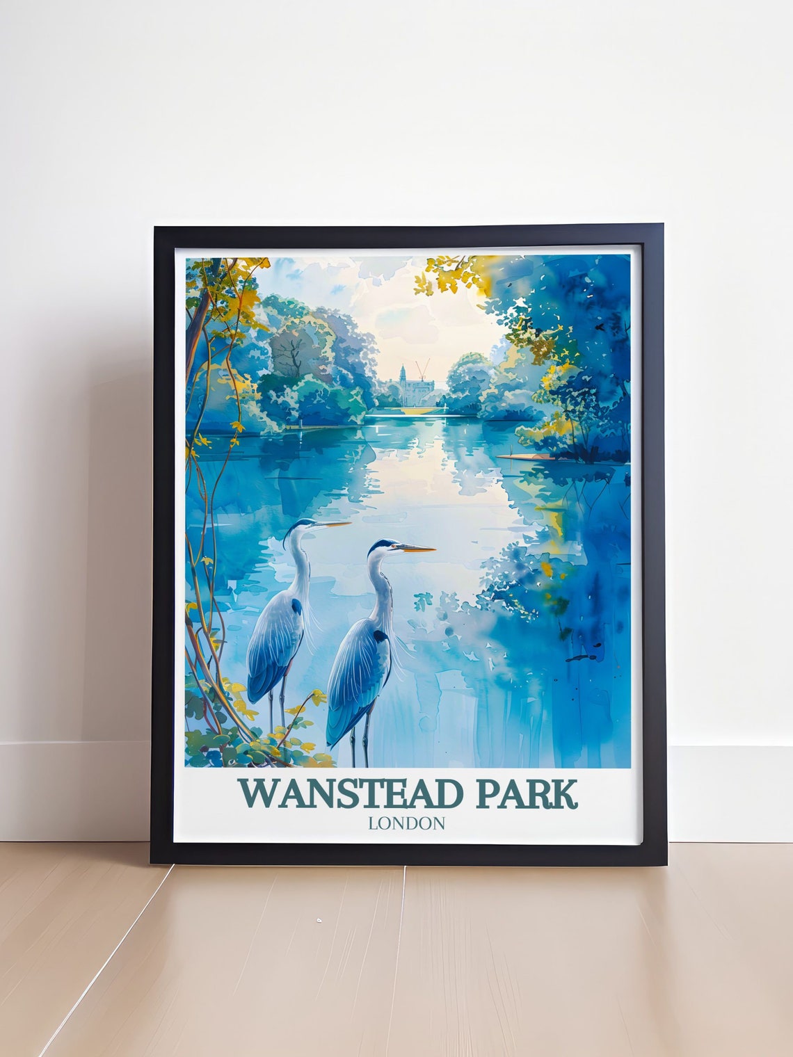 Wanstead Park London Herons on Lake Watercolor Travel Poster - Image 4