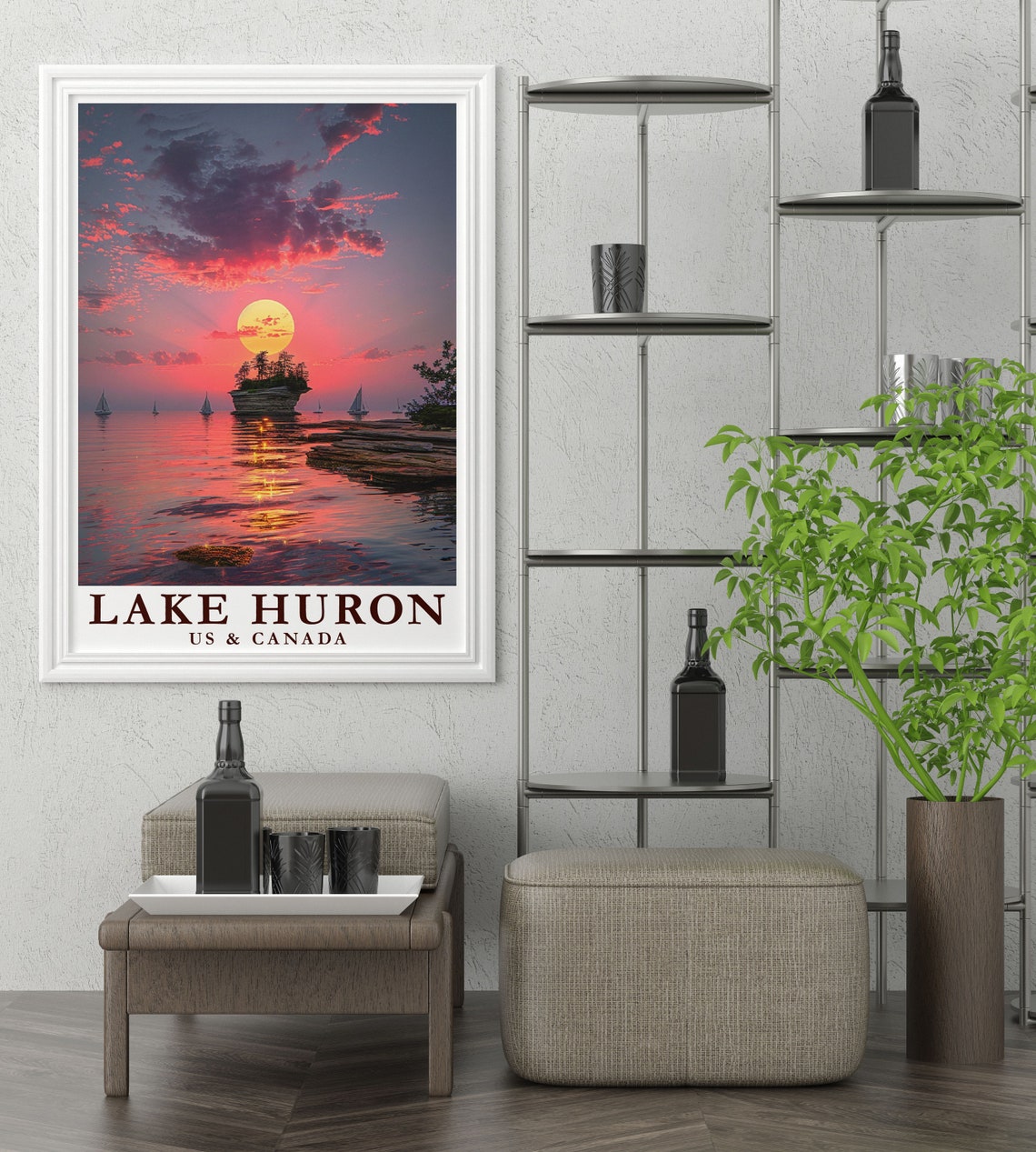 Lake Huron Sunset Poster With Turnip Rock Island And Sailing Boats - Image 2