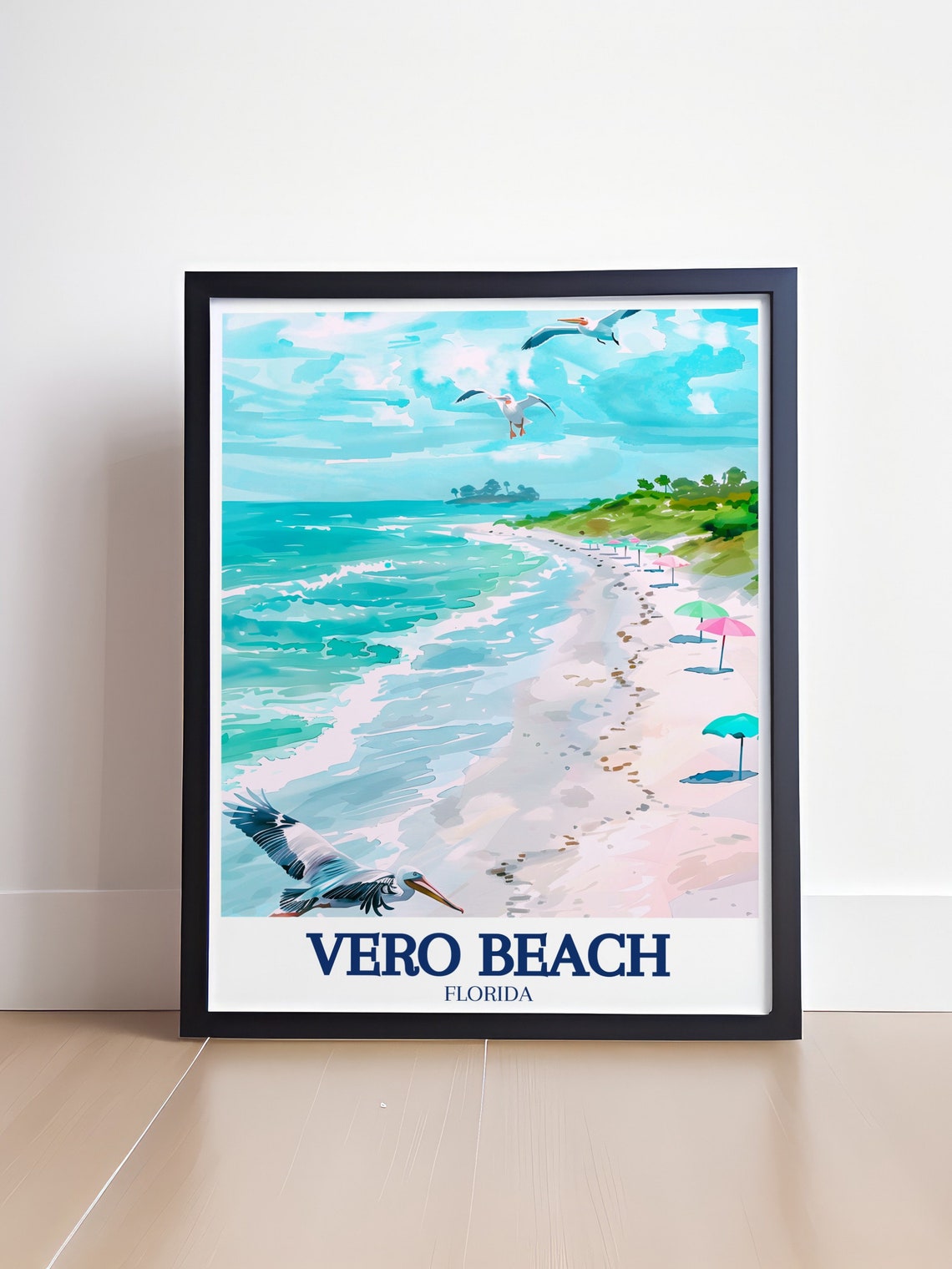 Vero Beach Florida Watercolor Shore Pelicans Umbrellas Travel Poster - Image 4