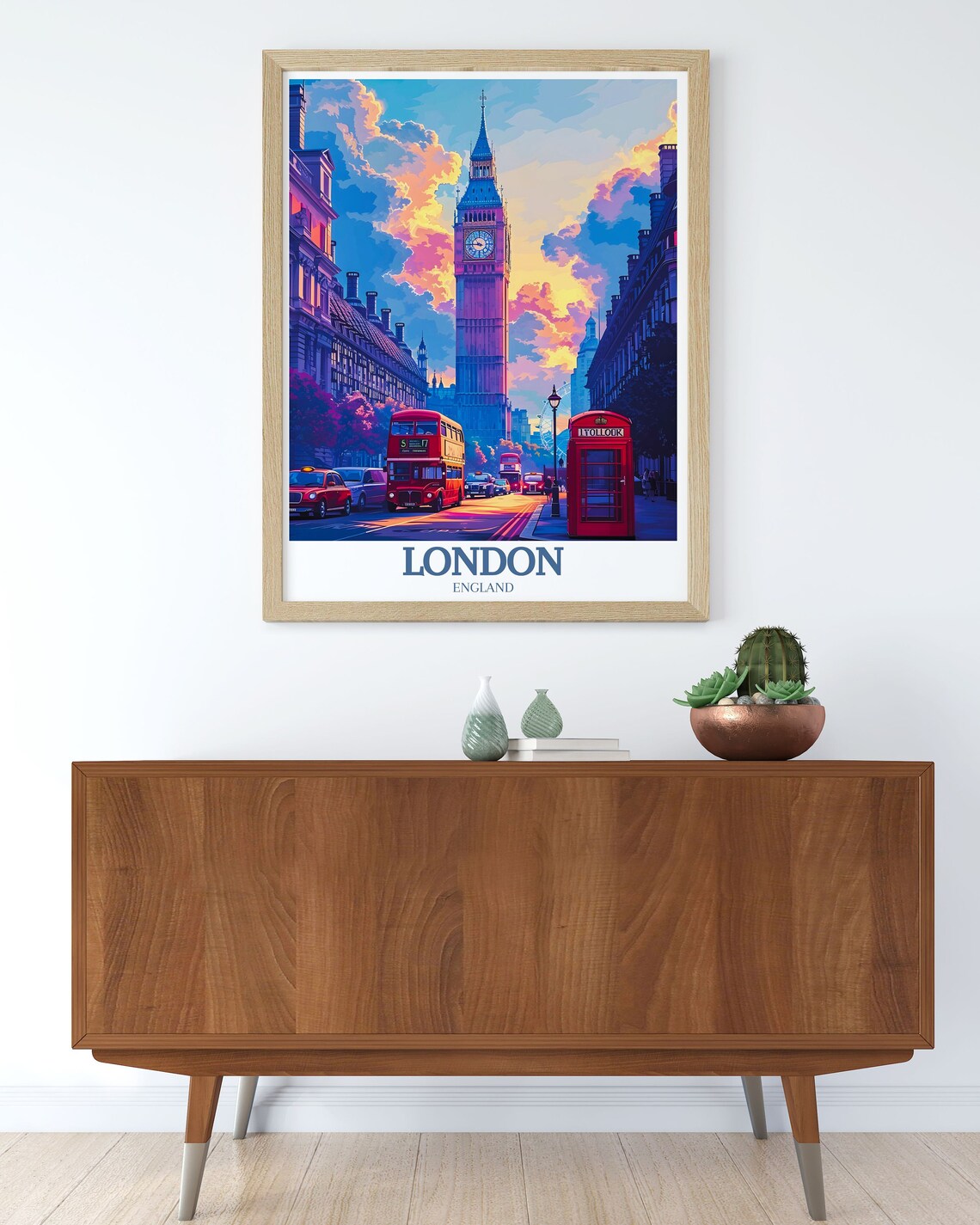 London Big Ben Street Scene Red Bus Phone Box Sunset Travel Poster - Image 2