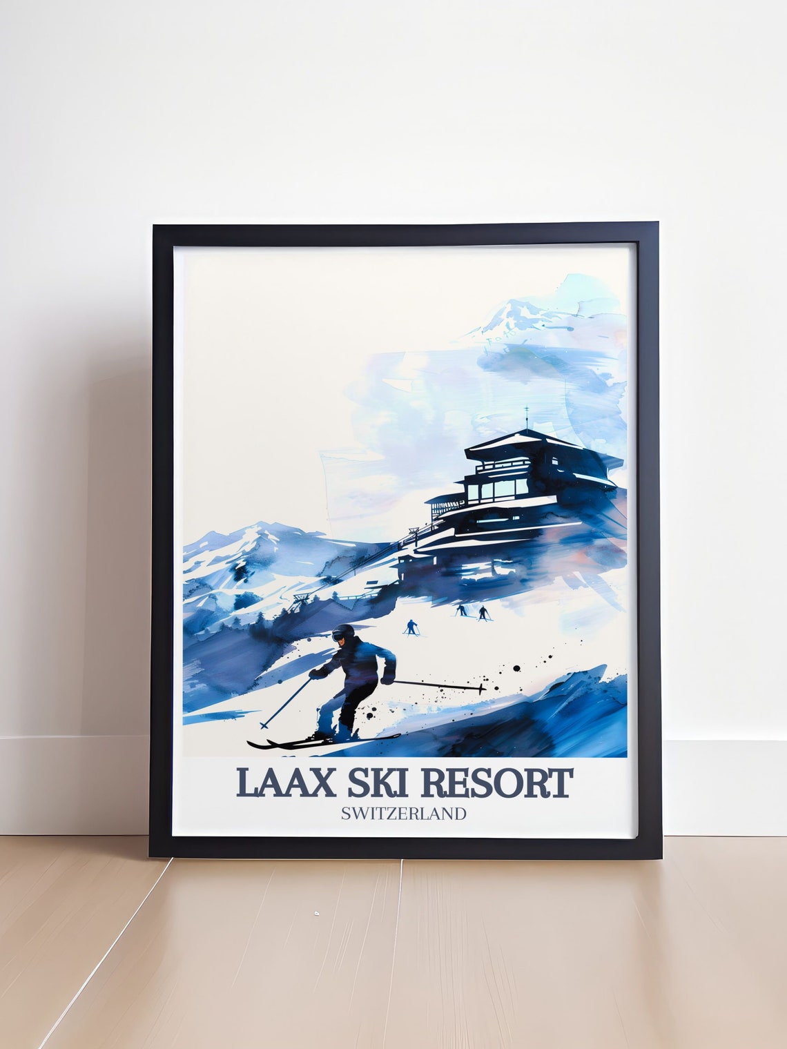 Laax Ski Resort Blue Watercolor Skier Switzerland Alpine Poster - Image 4
