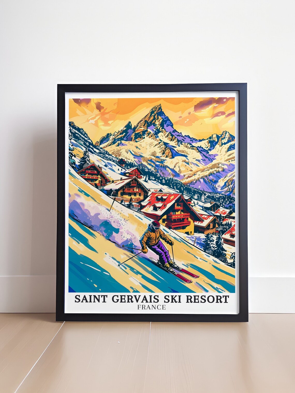 Saint Gervais Skier Above Colorful Alpine Chalets Sunset Poster - Image 4