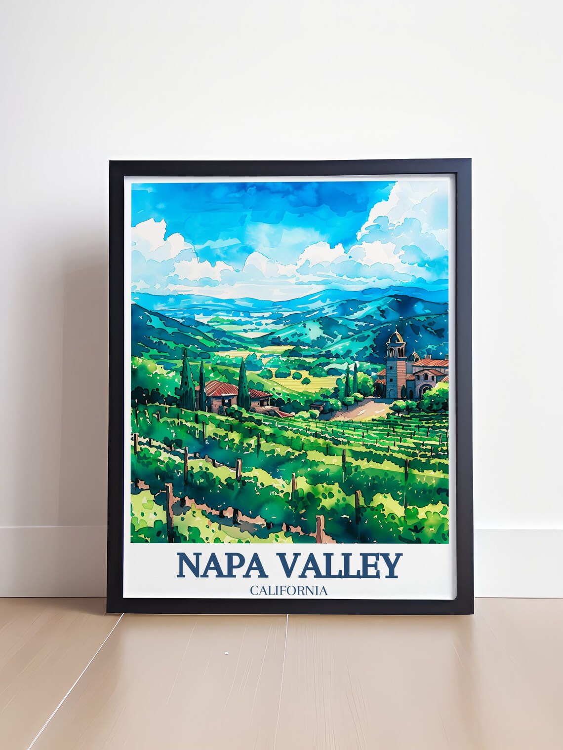Napa Valley California Poster With Green Vineyards In Watercolor Style - Image 4