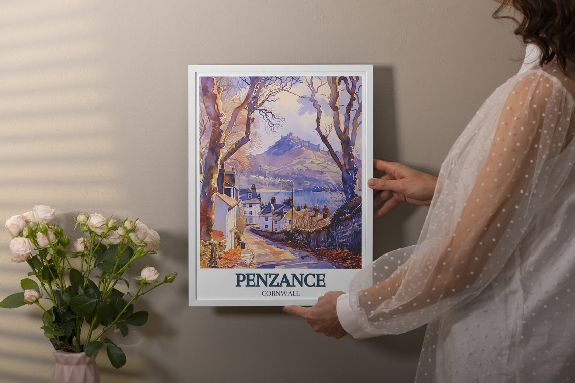 Penzance Cornwall Autumn Lane Cottages Down to Mounts Bay Poster - Image 2