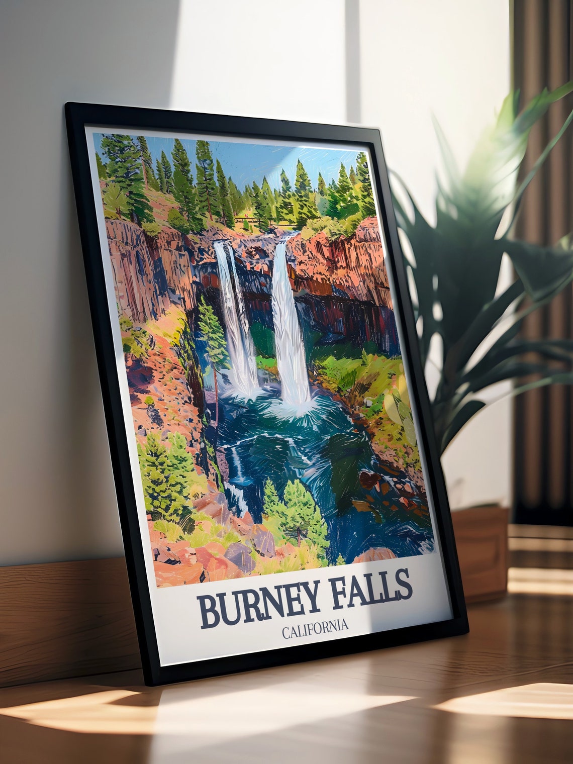 Burney Falls Twin Cascades Into Turquoise Pool Red Cliffs Poster - Image 3