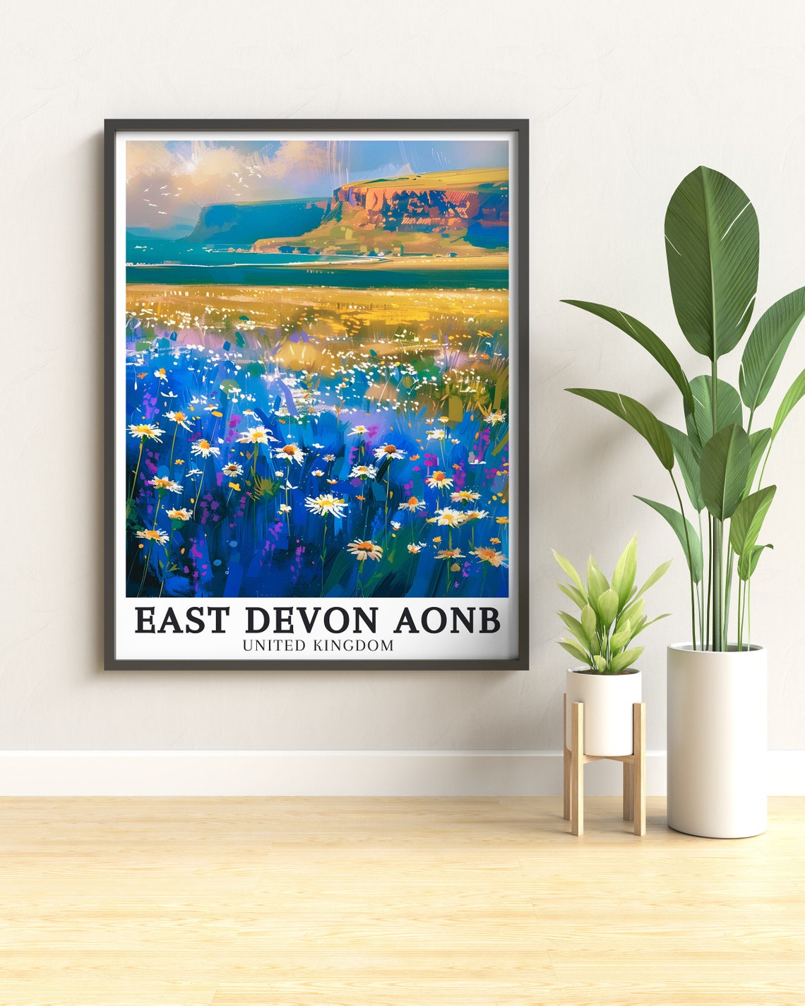 East Devon AONB Wildflower Meadow Red Cliffs Coast Art Poster - Image 2