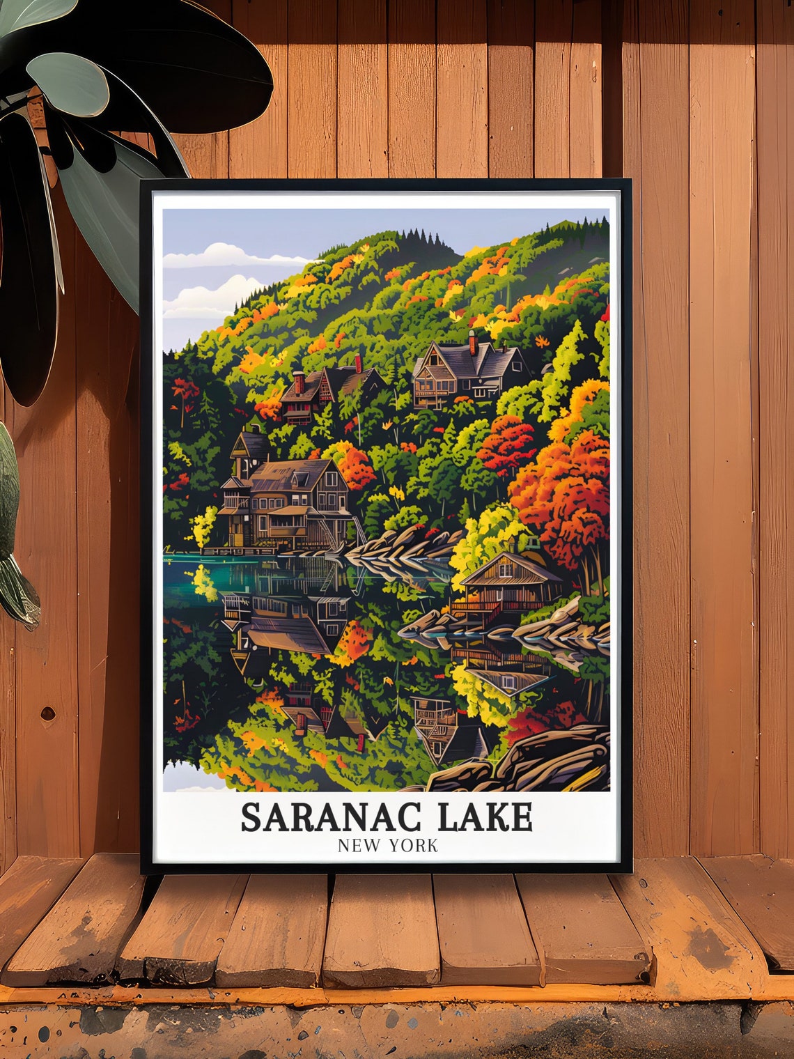 Saranac Lake Autumn Cabins Lakeside Retreat Fall Travel Poster - Image 2