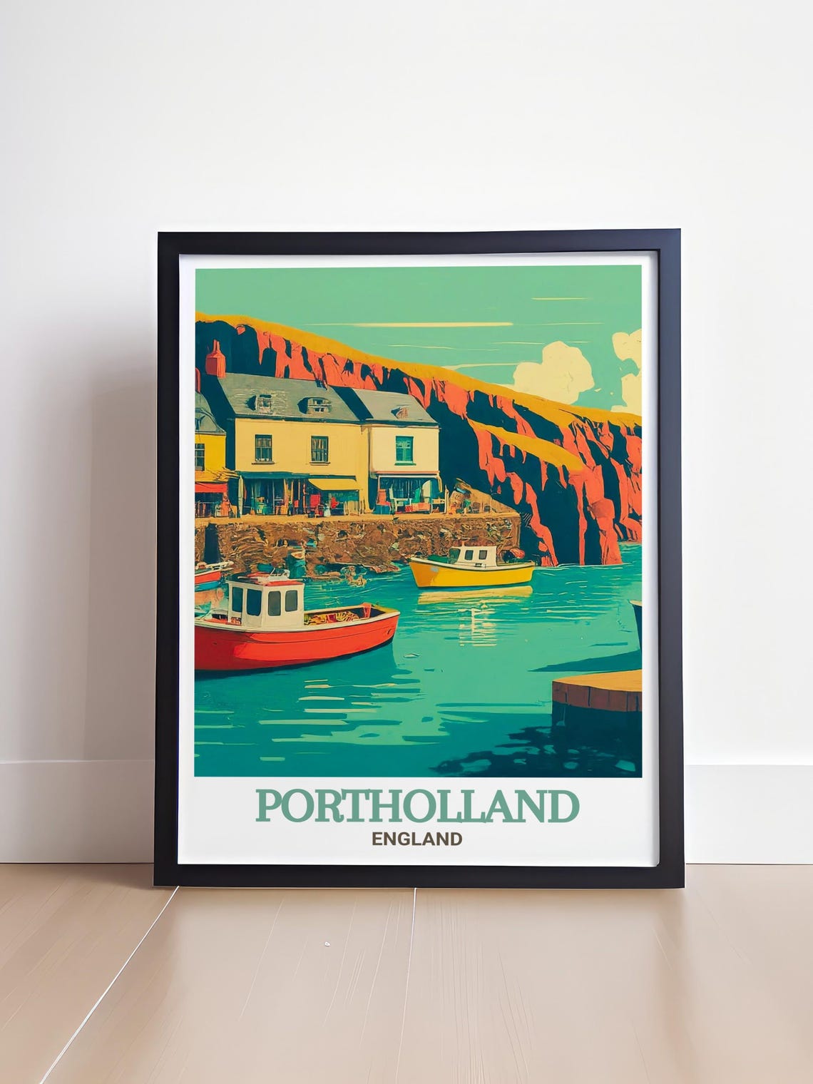 Portholland England Poster with Harbor Boats and Red Sandstone Cliffs - Image 4