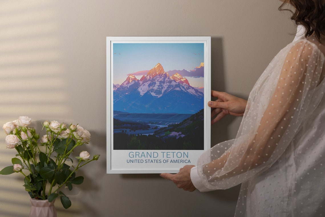 Grand Teton Sunset Alpenglow Peaks Valley Evening Travel Poster - Image 2