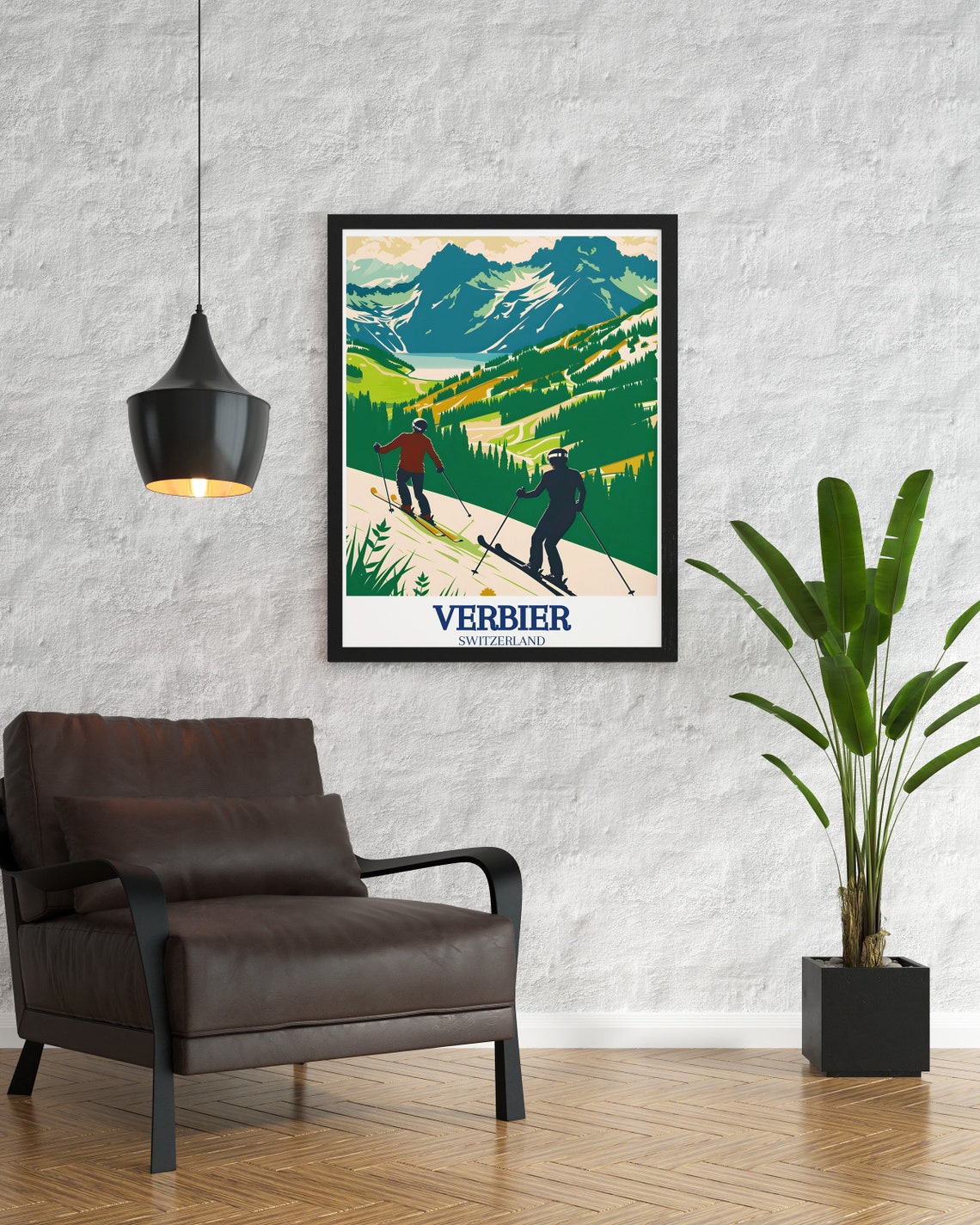 Verbier Switzerland Skiers Descending Alpine Valley Meadow Poster - Image 3