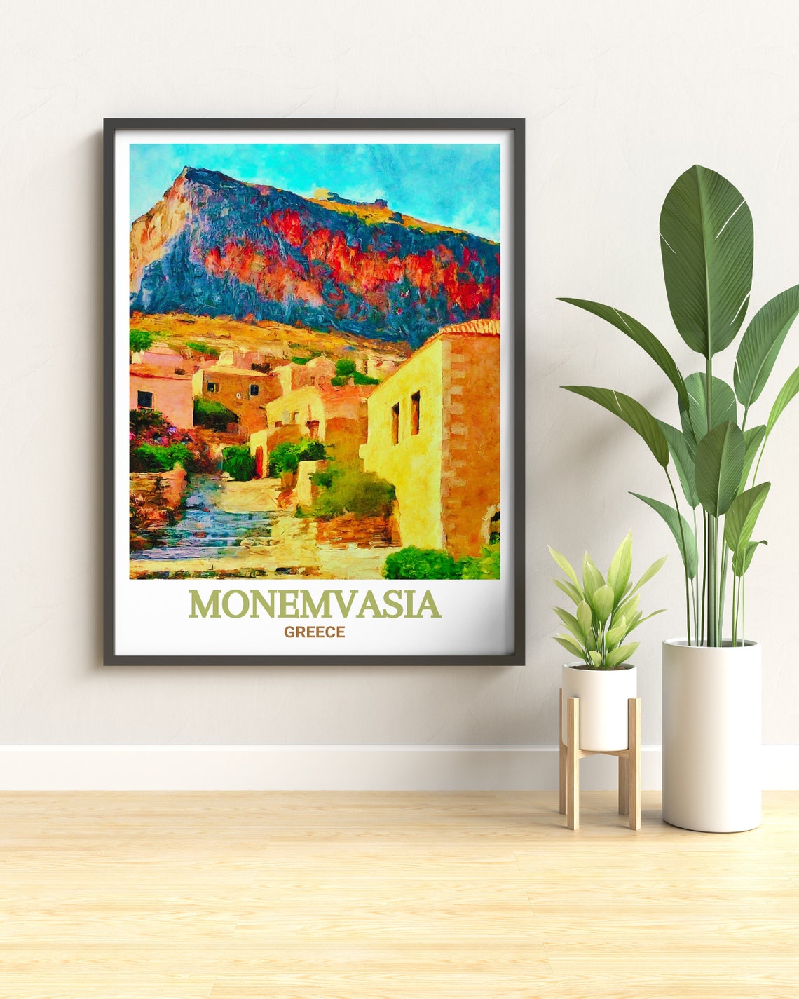 Monemvasia Castle Rock Sunlit Old Town Houses Greece Travel Poster - Image 3
