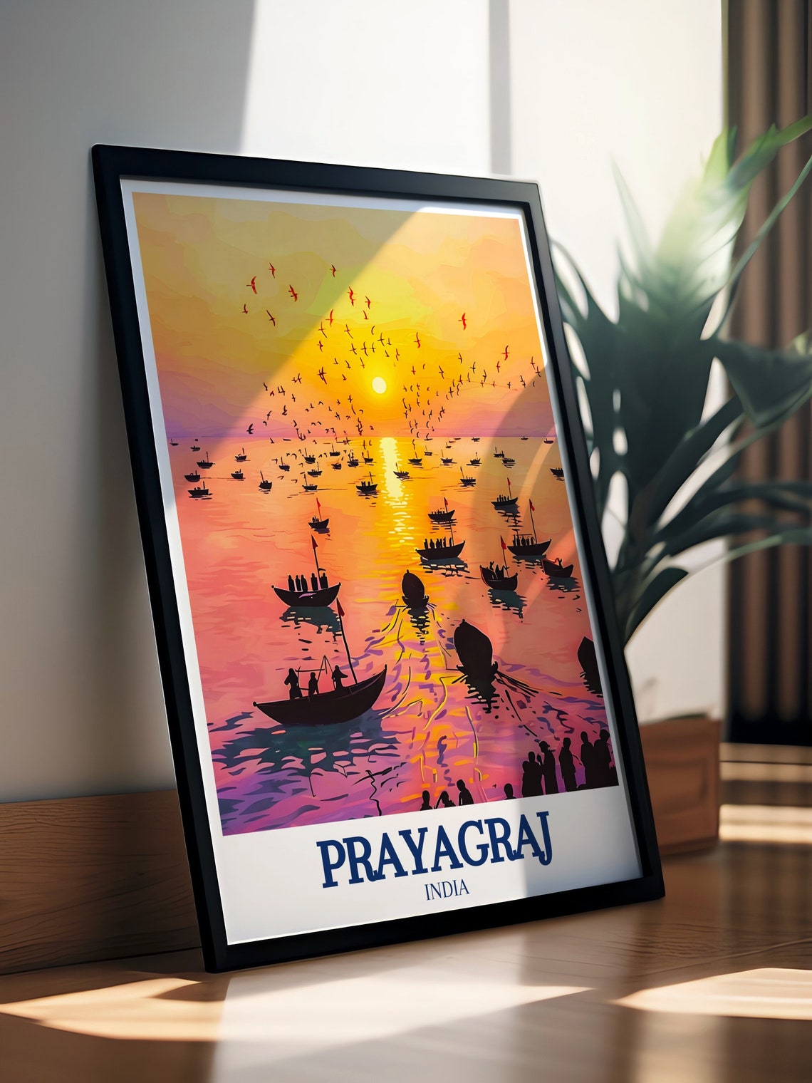 Prayagraj India Sunrise Boats River Birds Silhouette Scene Poster - Image 3