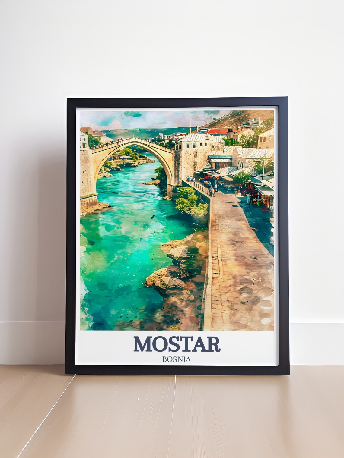Mostar Old Bridge Riverside Promenade Watercolor Travel Art Poster - Image 4