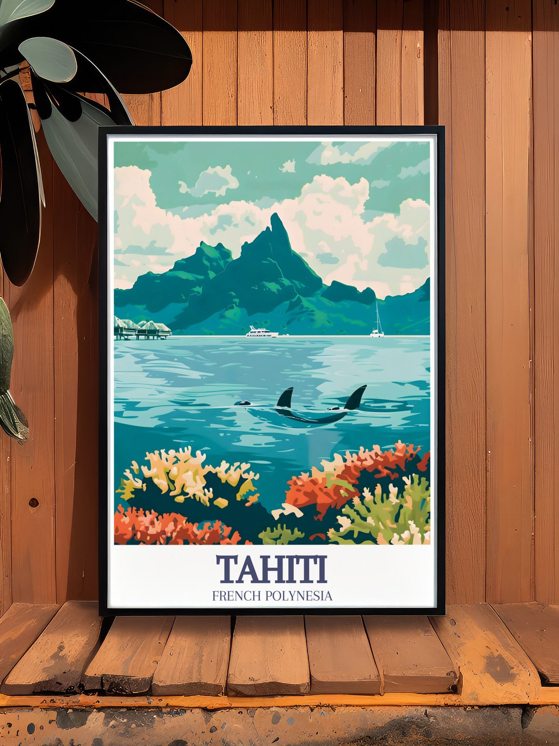 Tahiti French Polynesia Lagoon Dolphins Coral Reef Travel Poster - Image 3