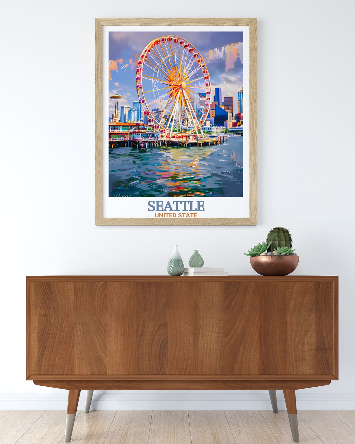 Seattle Great Wheel Waterfront Skyline Vibrant Painterly Art Poster - Image 3