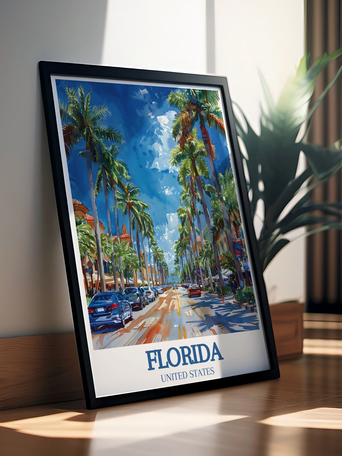Florida Palm Lined City Street Watercolor Sunshine Travel Poster - Image 2