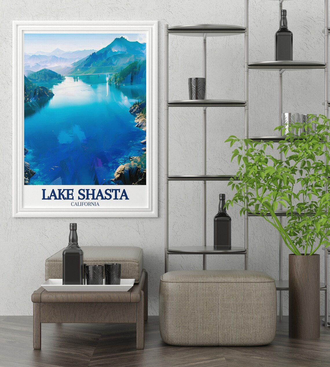 Aerial View of Blue Lake Shasta With Mountain Peaks Travel Poster - Image 2