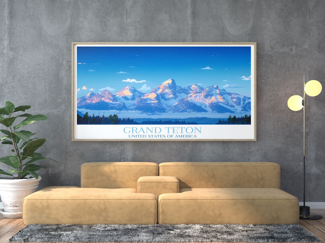 Grand Teton Alpenglow Panorama Snow Range Dawn Peaks Travel Poster - Image 3
