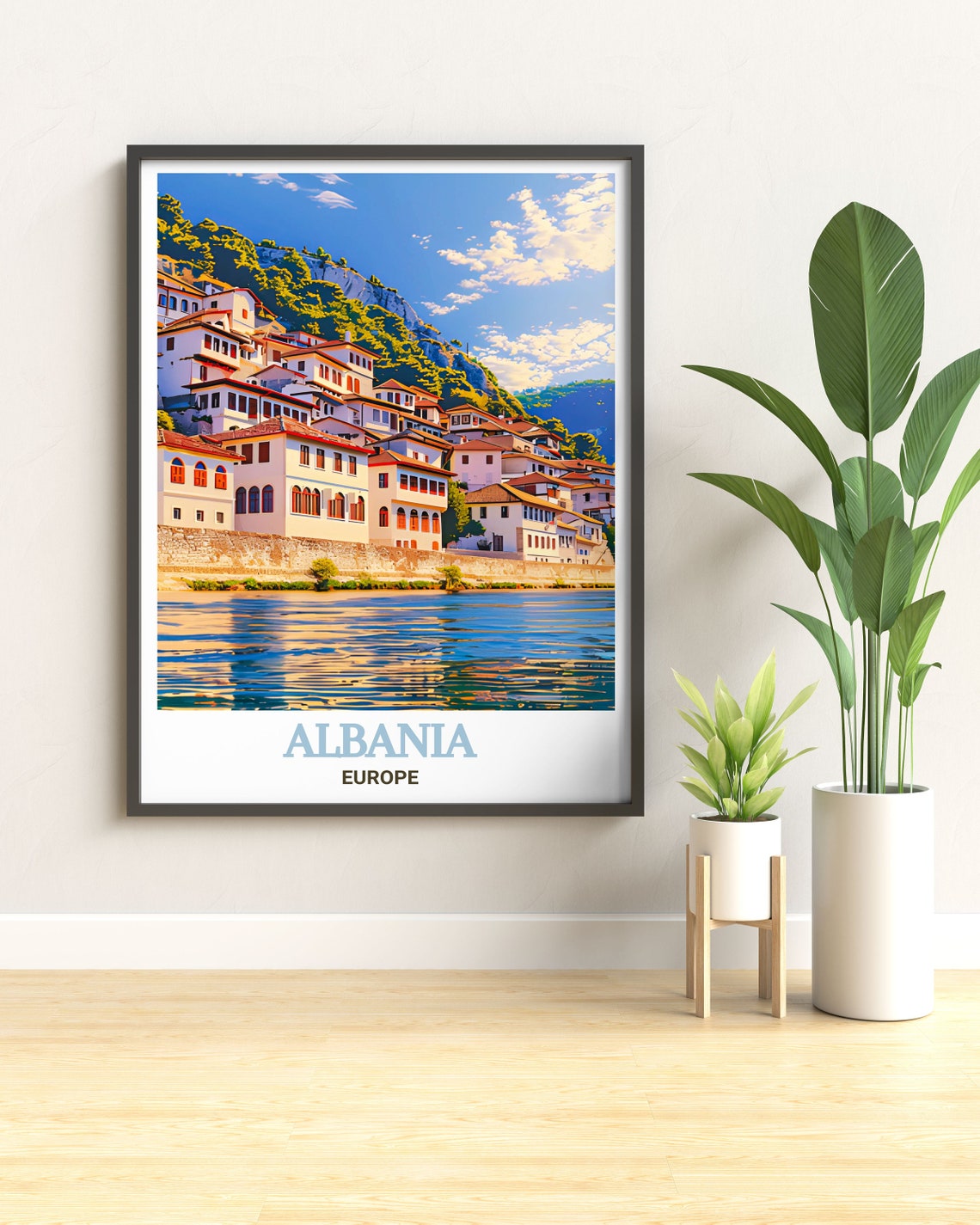 Berat Ottoman Old Town Riverside Hillside Sunset Travel Art Poster - Image 3