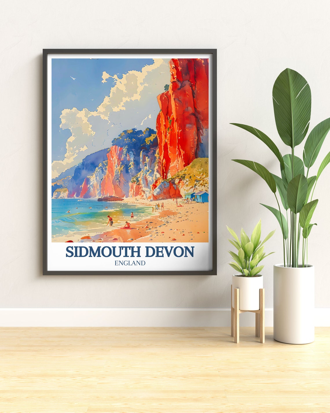 Sidmouth Devon Red Cliffs Beach Huts Watercolor Seaside Poster - Image 2