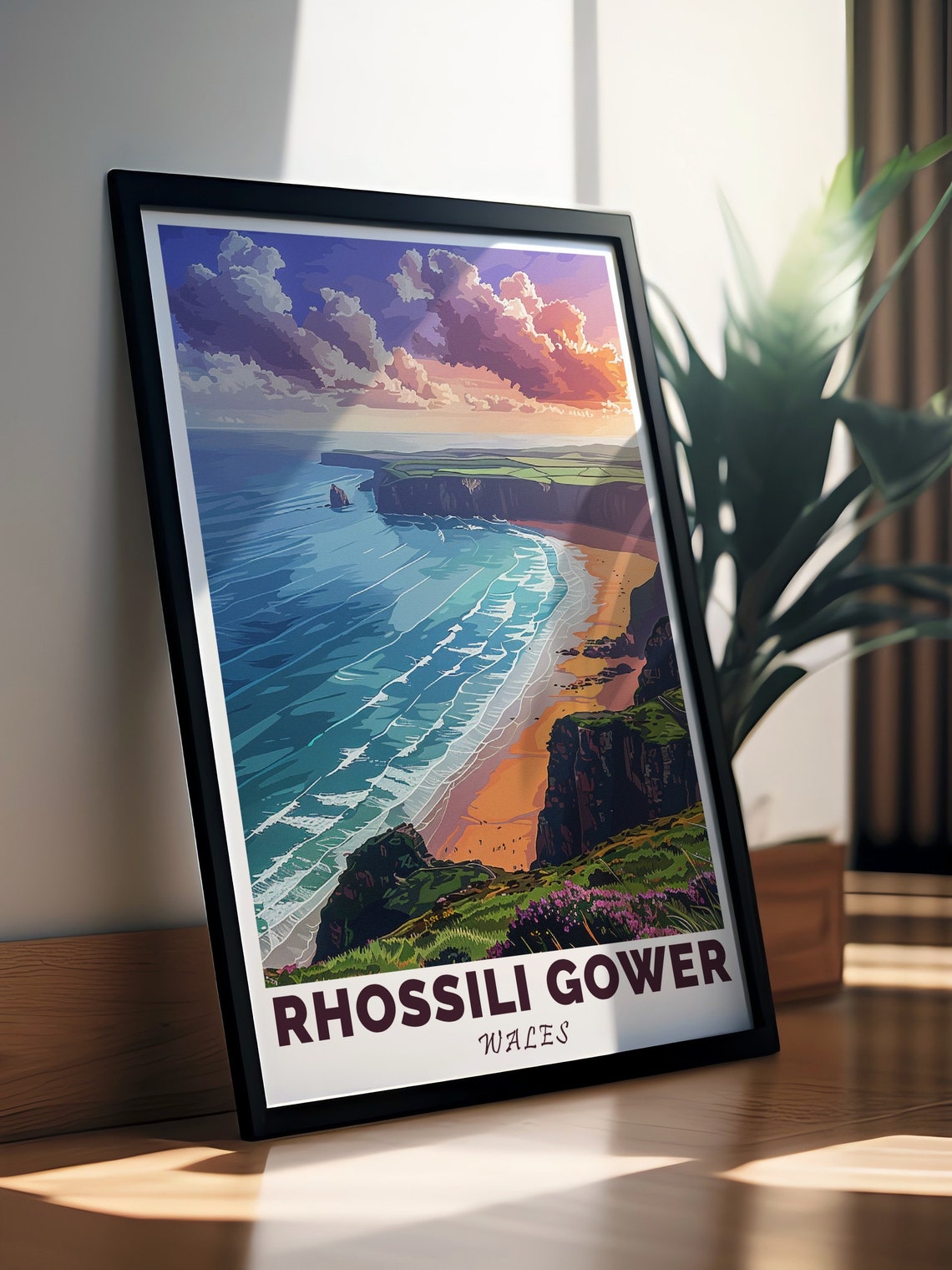 Rhossili Gower Wales Bay Sunset Golden Cliffs Surf Travel Poster - Image 3