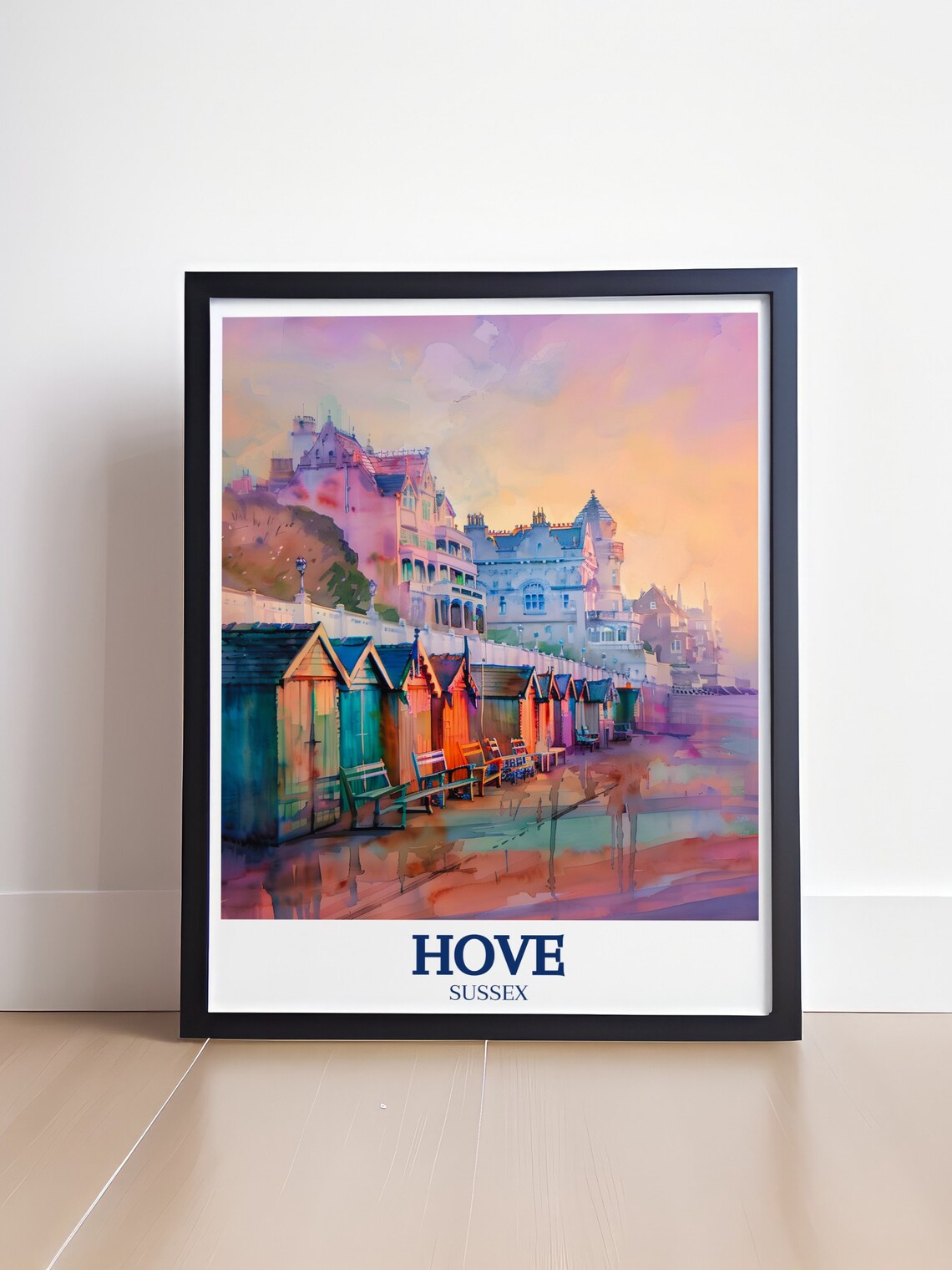 Hove Beach Huts at Sunset Watercolor Esplanade Sussex England Poster - Image 4
