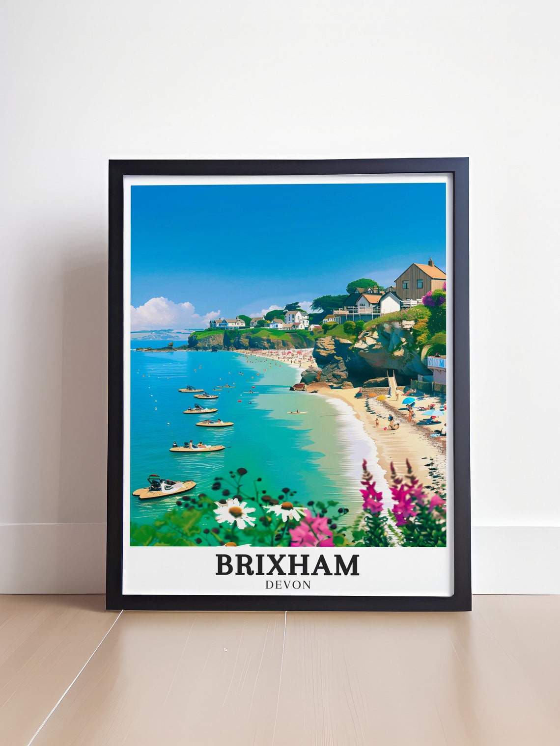 Brixham Devon Turquoise Beach Kayaks Summer England Travel Poster - Image 4