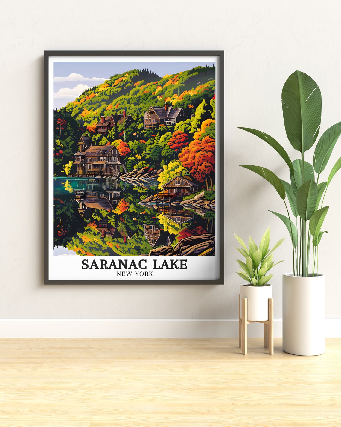 Saranac Lake Autumn Cabins Lakeside Retreat Fall Travel Poster - Image 3