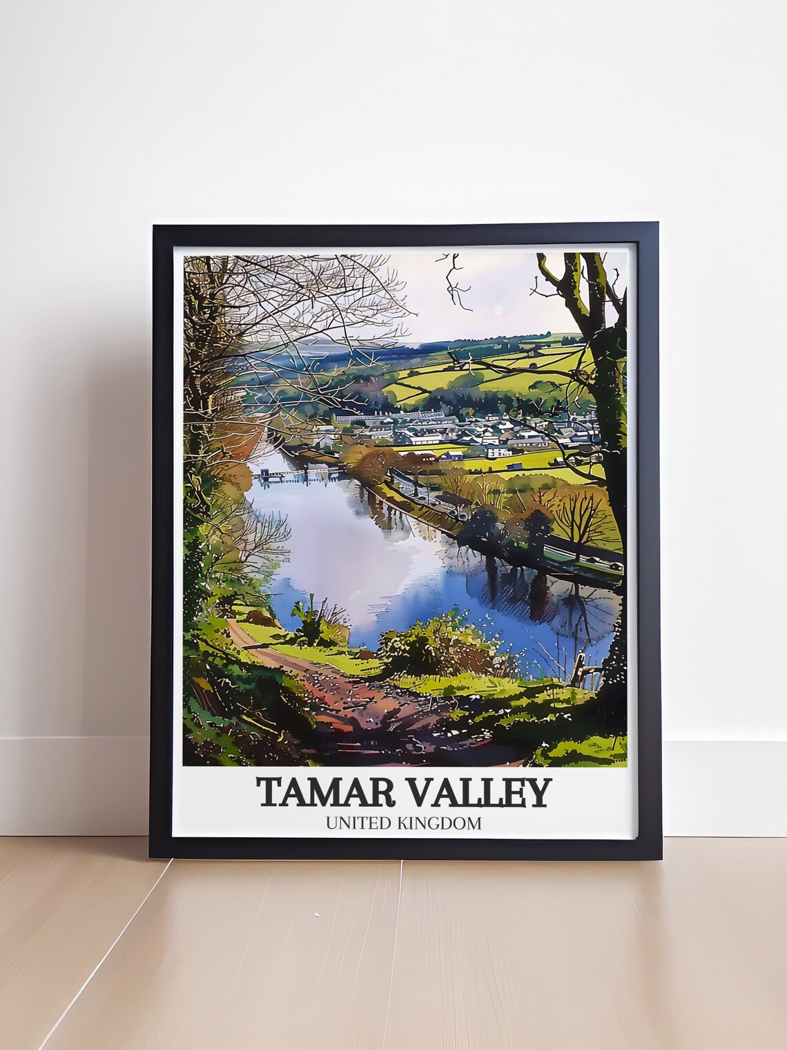 Tamar Valley England Winding River Green Hills Watercolor Poster - Image 4