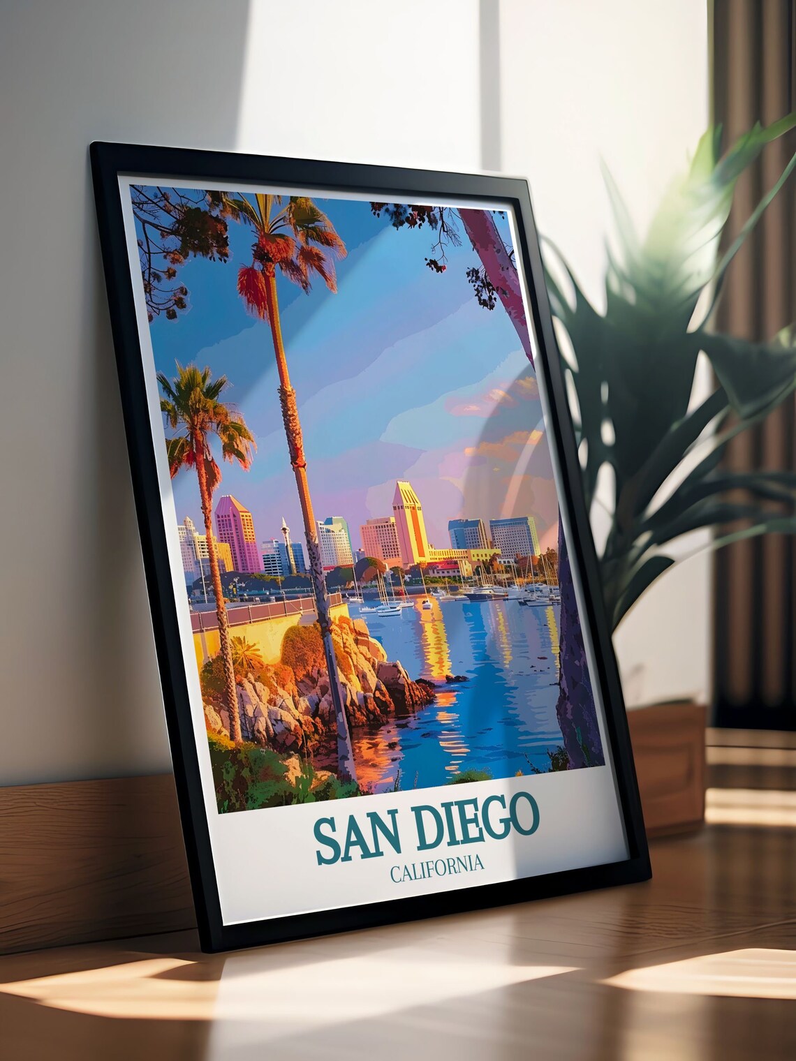 San Diego California Harbor Sunset Marina Skyline Travel Poster - Image 2