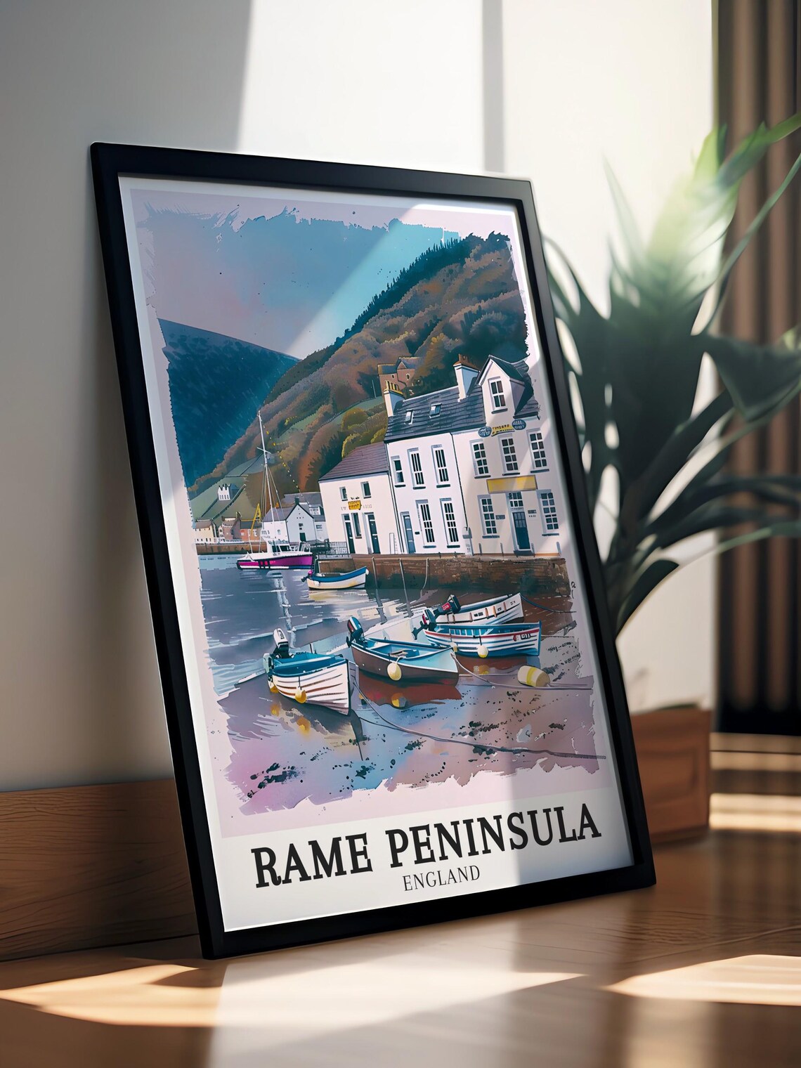 Rame Peninsula England Fishing Harbor Boats Watercolor Art Poster - Image 2