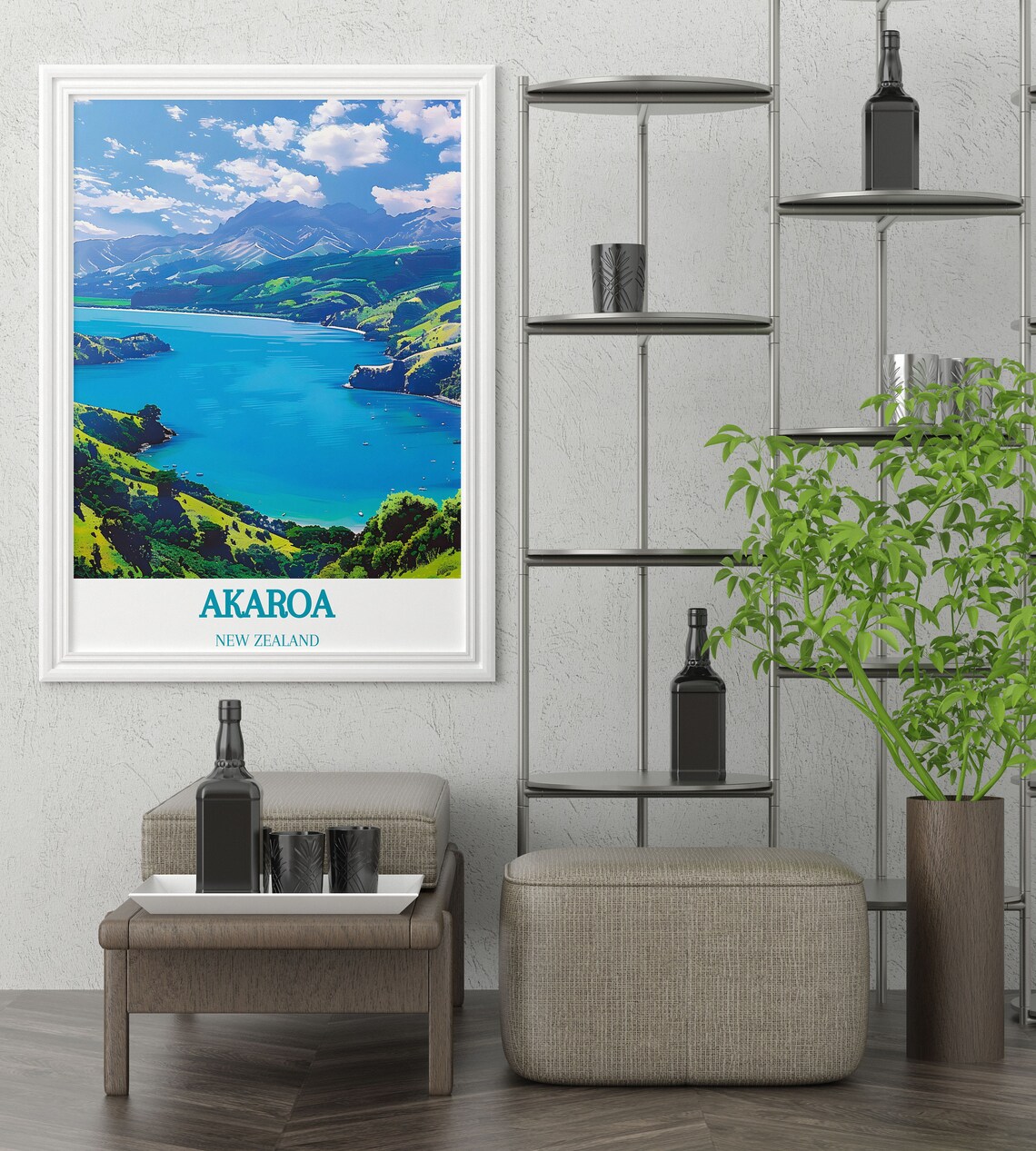 Akaroa New Zealand Harbour Aerial View Over Green Hills Poster - Image 2