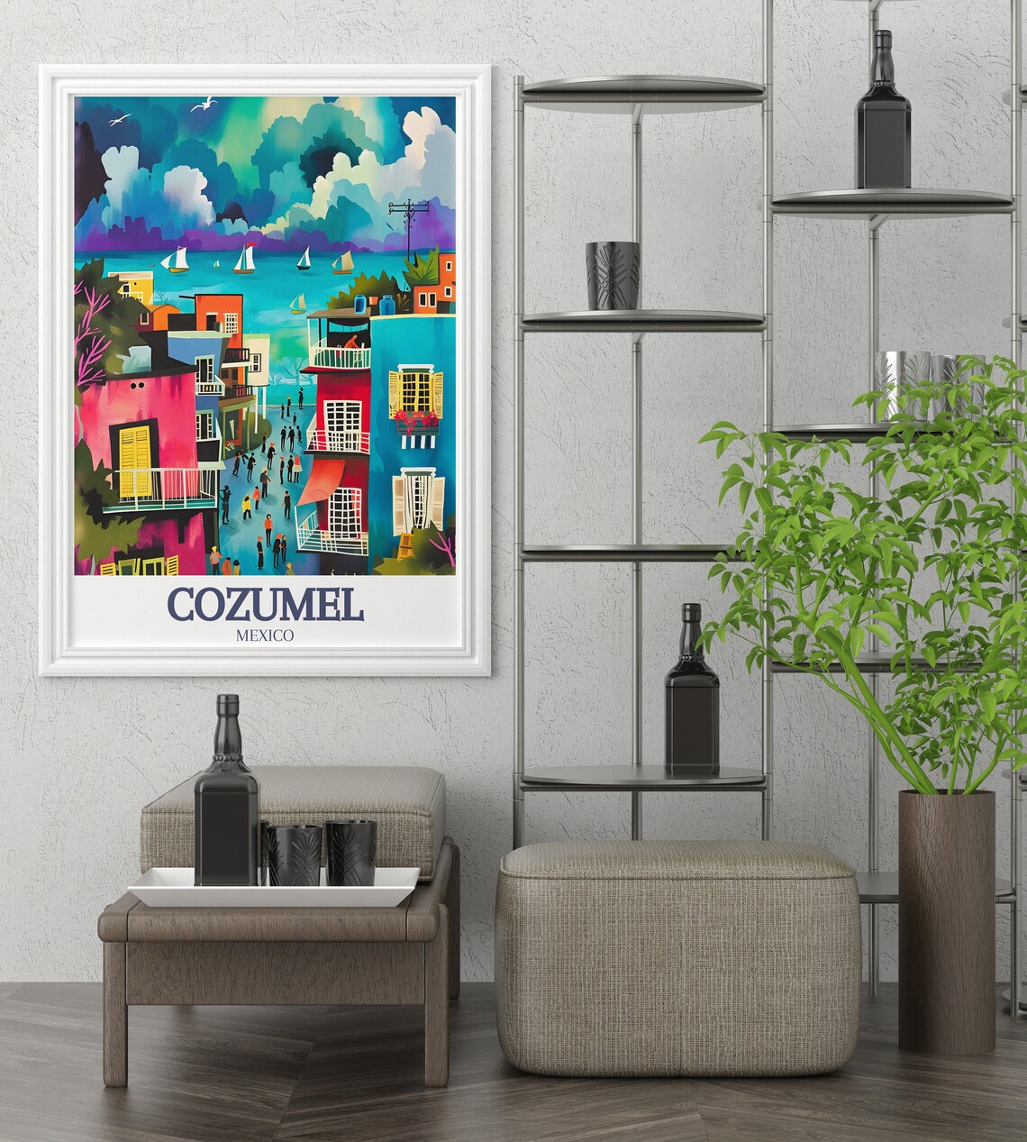 Cozumel Mexico Colorful Old Town Street Seaside Travel Poster - Image 2