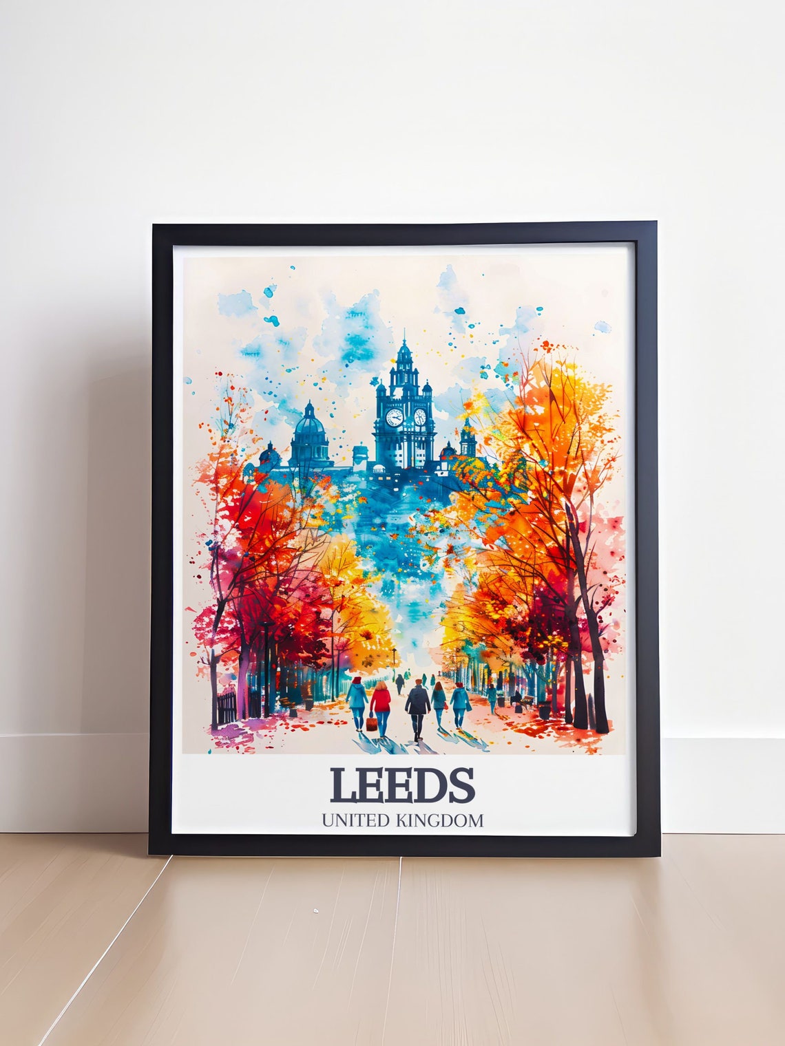 Leeds United Kingdom Watercolor Clock Tower Autumn Streets Poster - Image 4