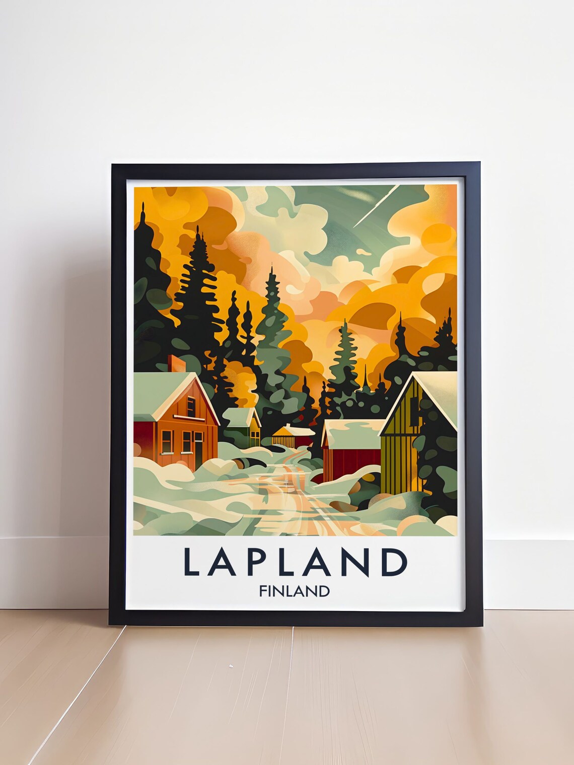 Lapland Finland Snowy Cabins Under Dramatic Golden Sky Travel Poster - Image 4