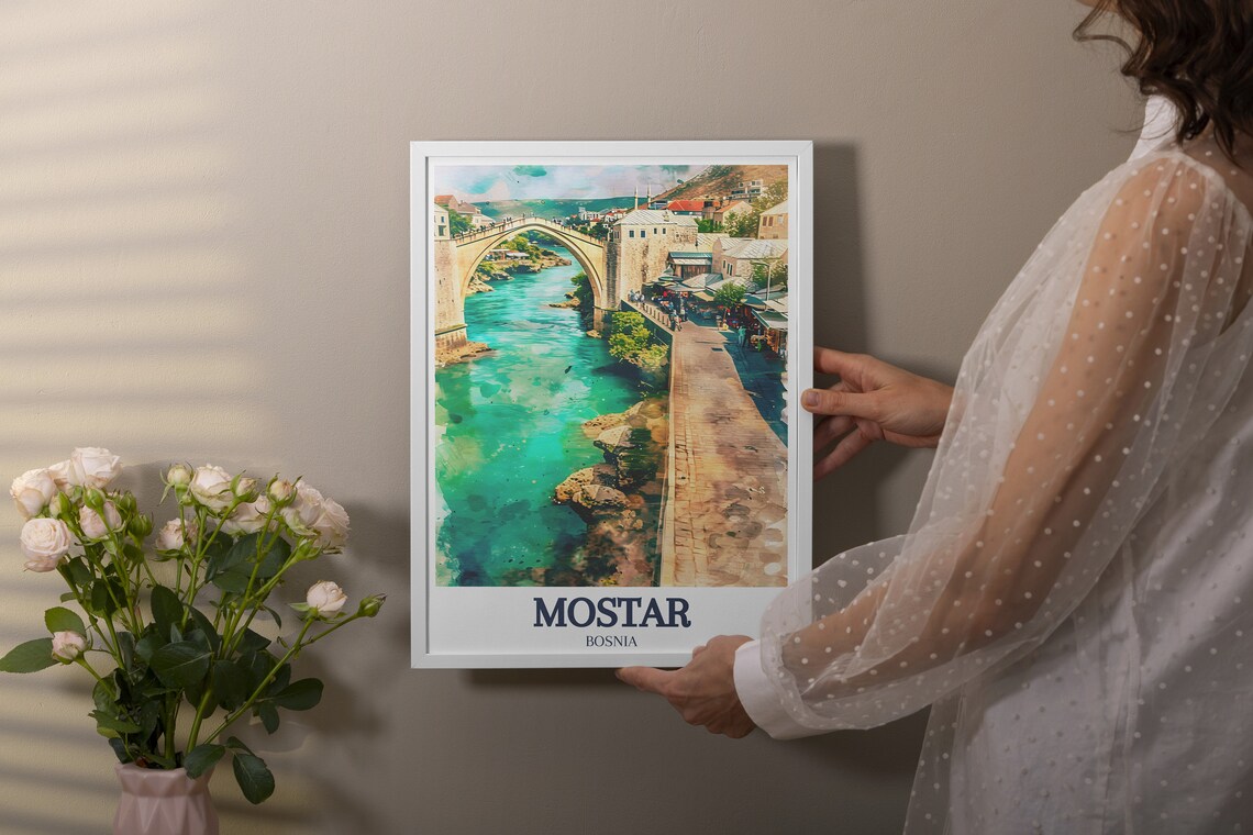 Mostar Old Bridge Riverside Promenade Watercolor Travel Art Poster - Image 3