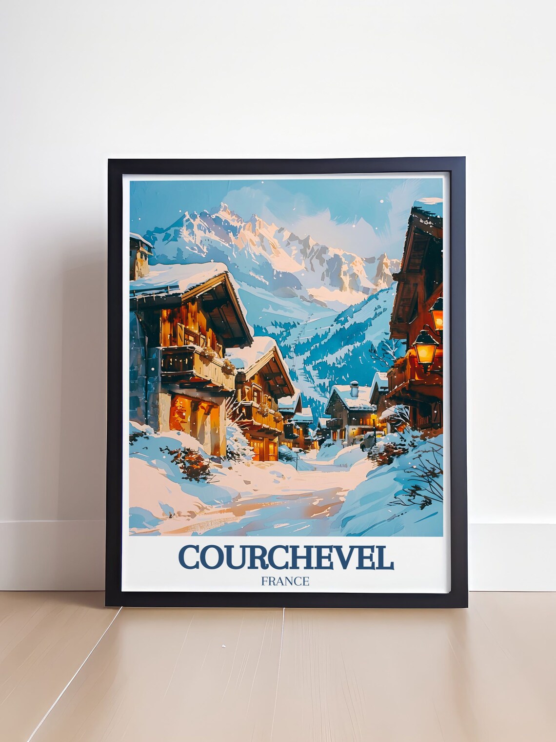 Courchevel France Snowy Village Street Dusk Lamplight Travel Poster - Image 4