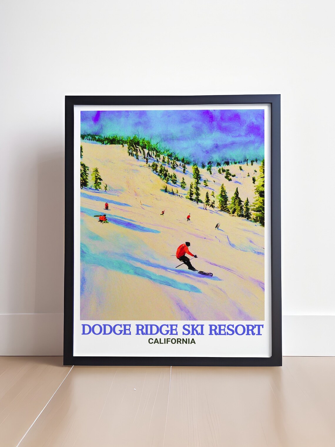 Dodge Ridge Ski Slopes Watercolor Skiers Winter California Poster - Image 4