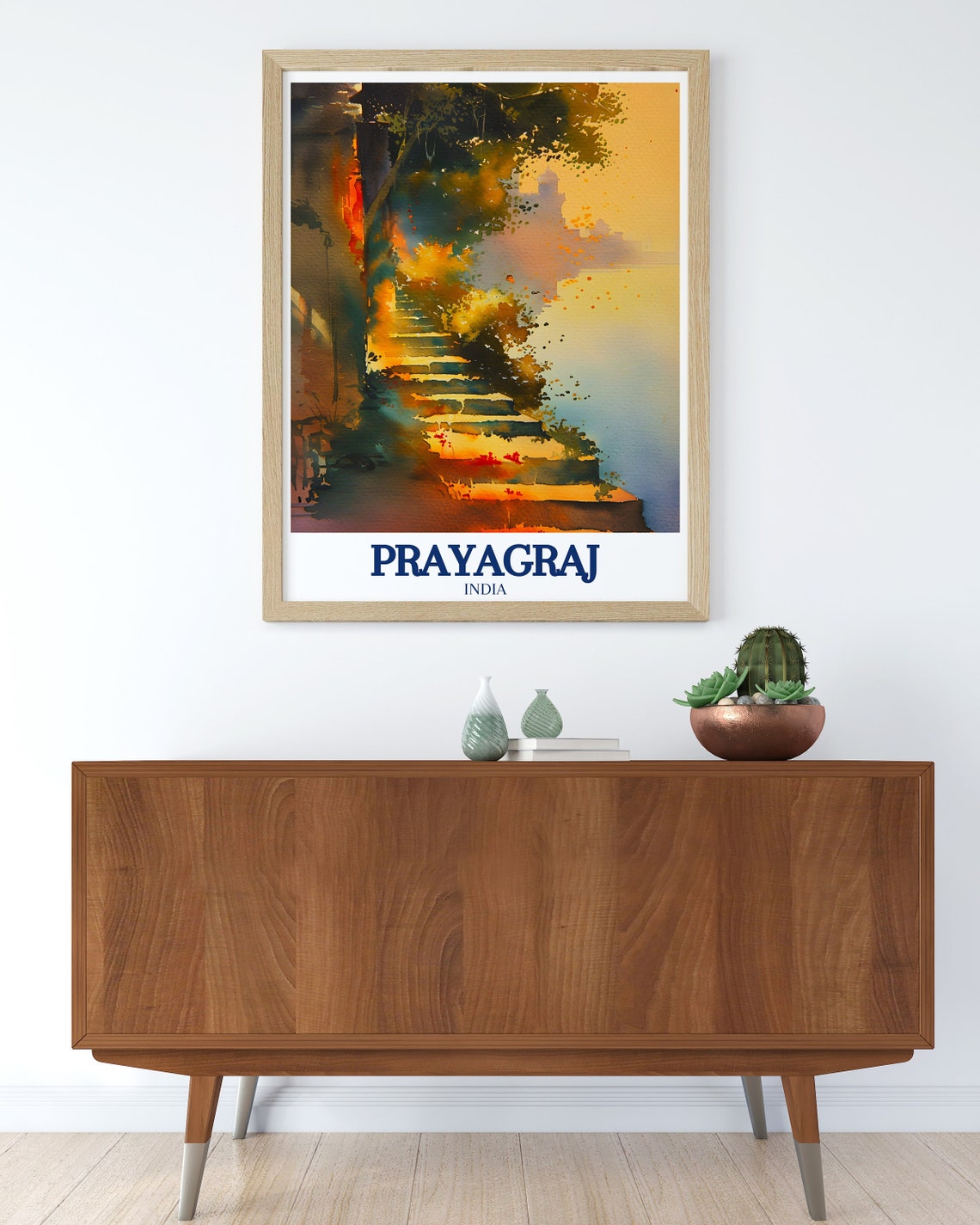 Prayagraj India Golden Watercolor Temple Staircase River Poster - Image 2
