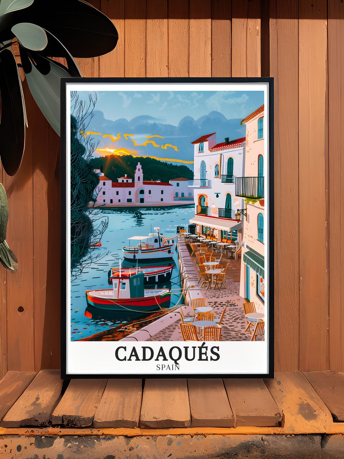 Cadaques Waterfront Cafes and Moored Boats at Golden Hour Poster - Image 3
