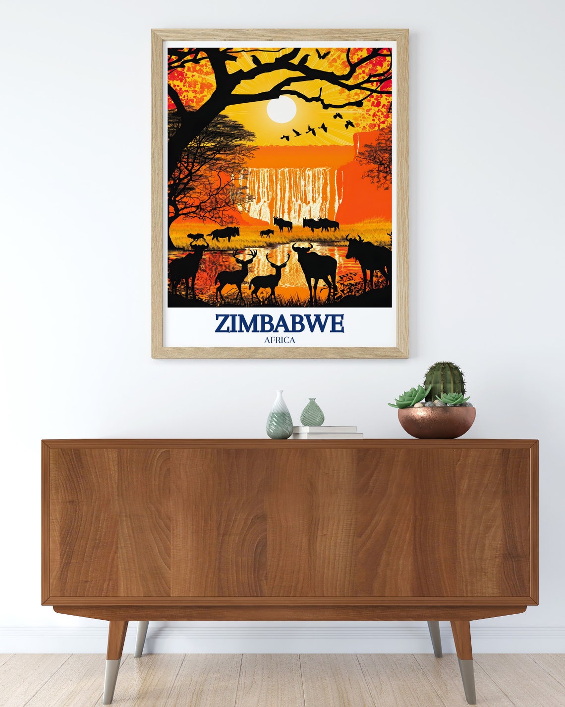 Zimbabwe Africa Safari Sunset Wildlife Waterfall Silhouette Poster - Image 2