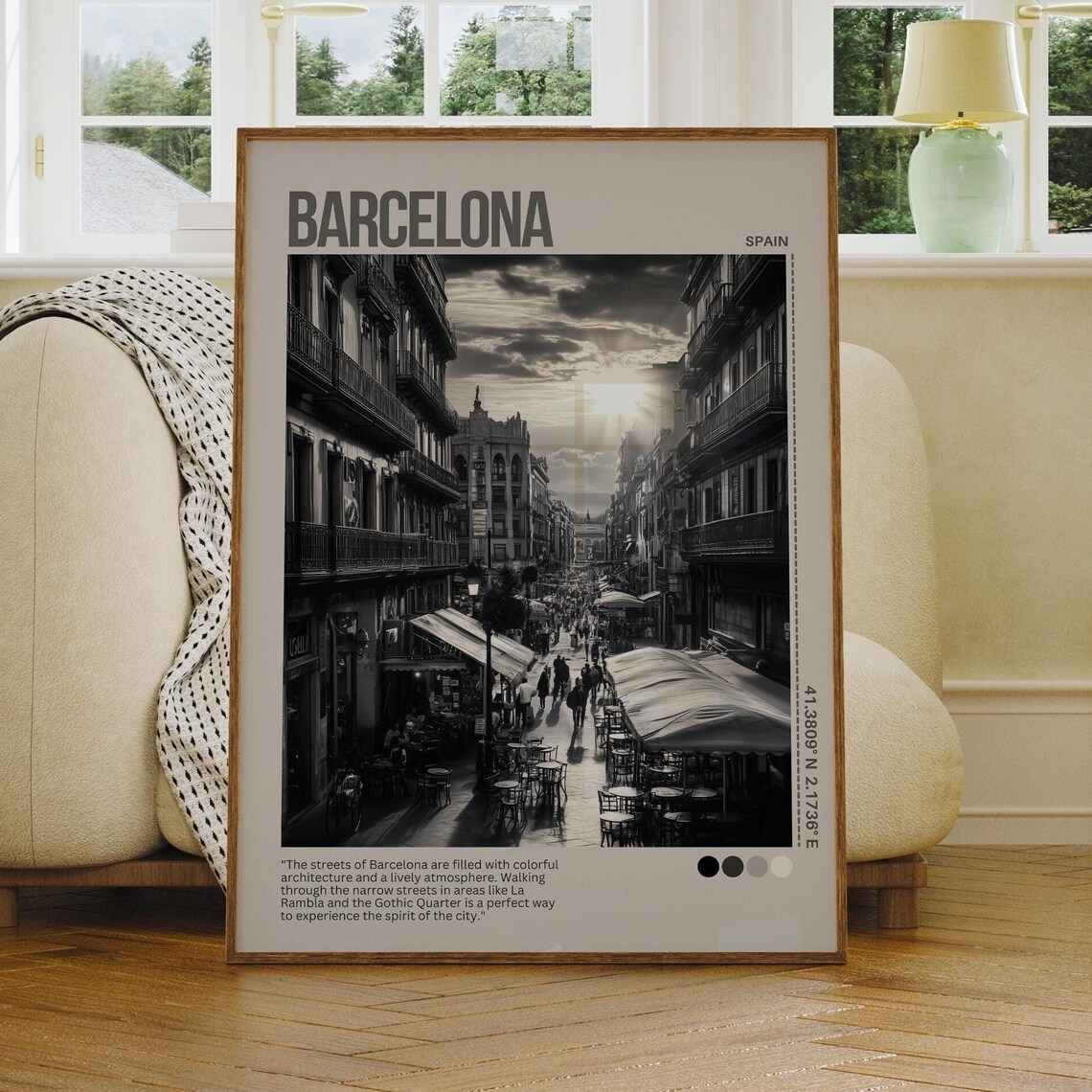Barcelona Spain La Rambla Street Cafe Black White Photo Poster