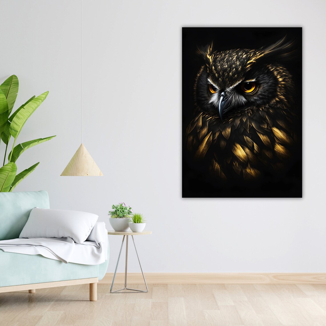 Dark Owl Portrait Golden Eyes On Black Background Wildlife Art Poster - Image 4