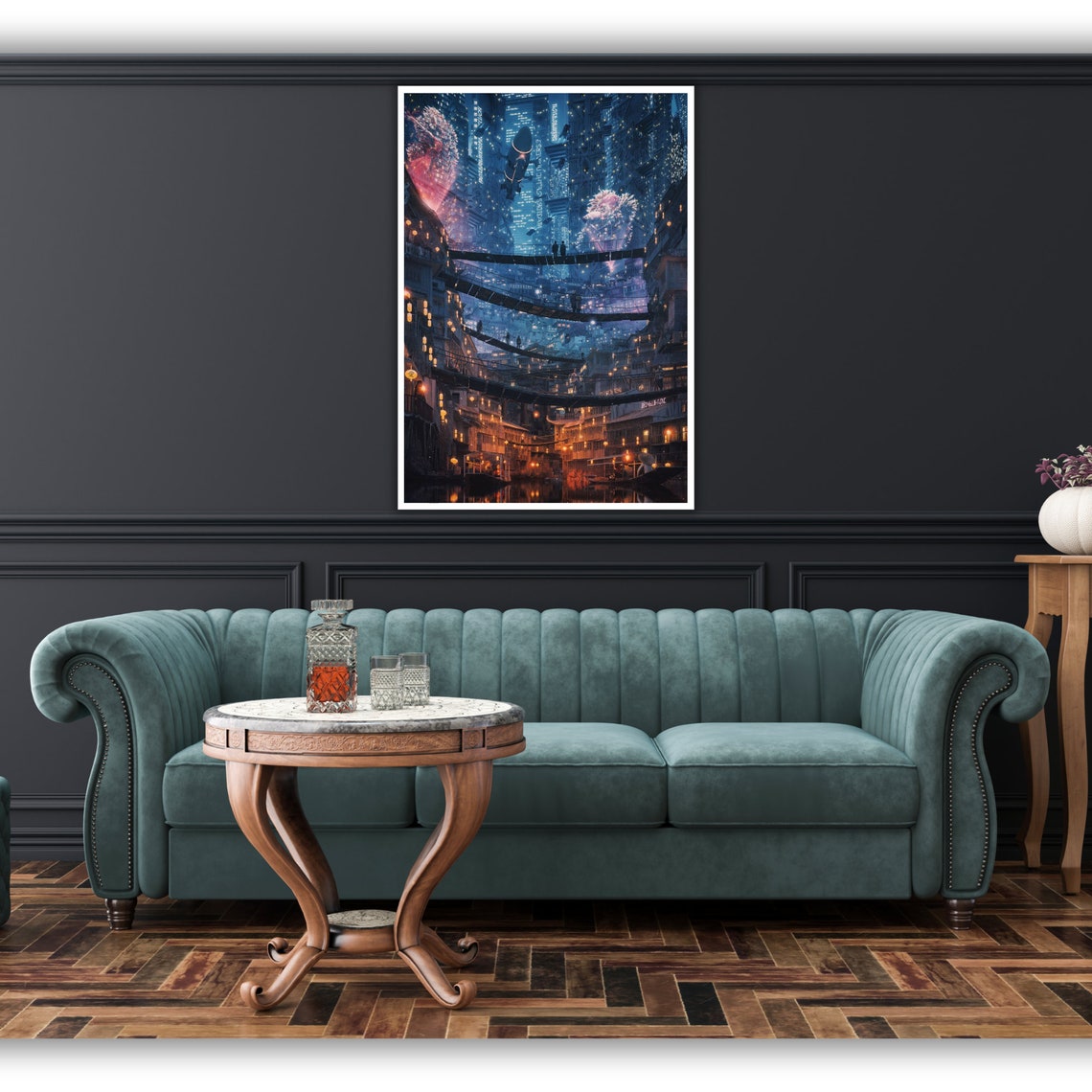 Cyberpunk City Night Bridges Neon Lights Cherry Blossom Sci Fi Poster - Image 4