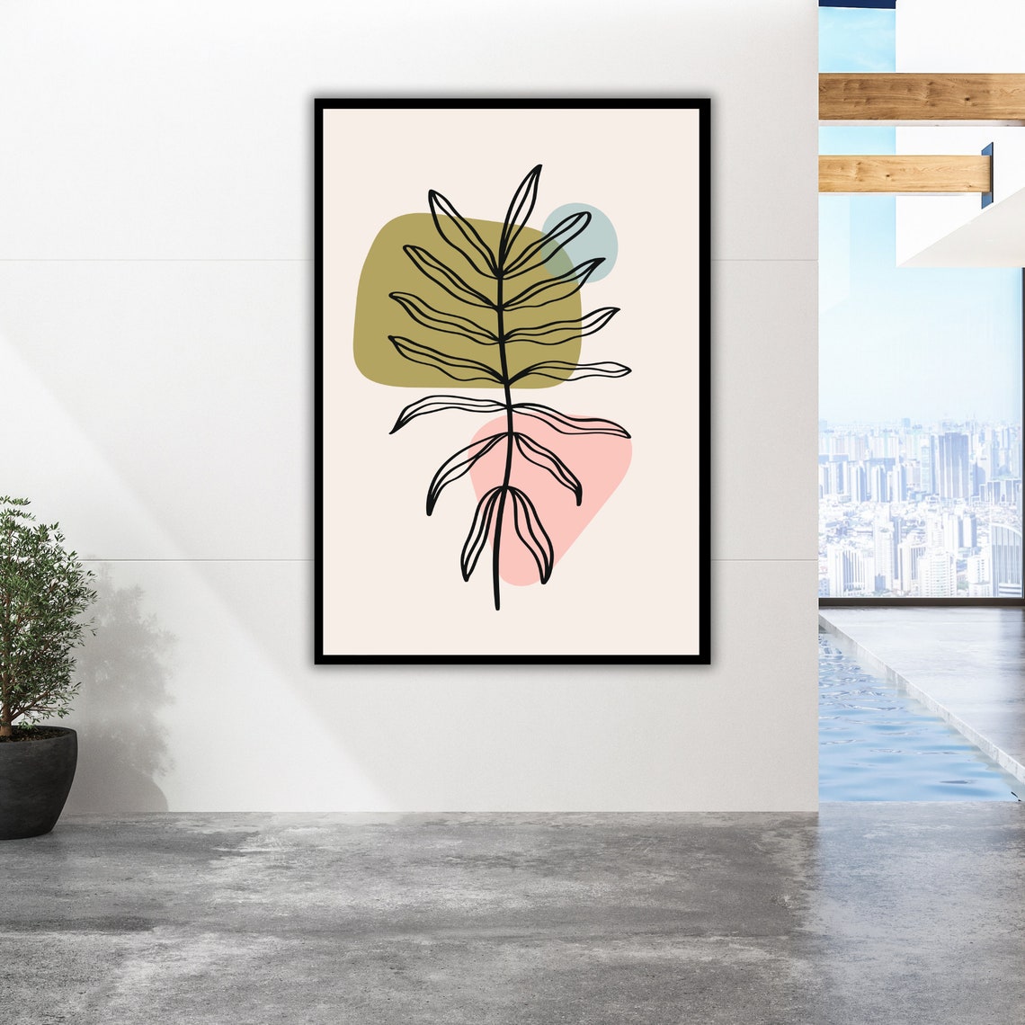 Minimalist Botanical Palm Line Art Olive Pink Modern Wall Print - Image 2