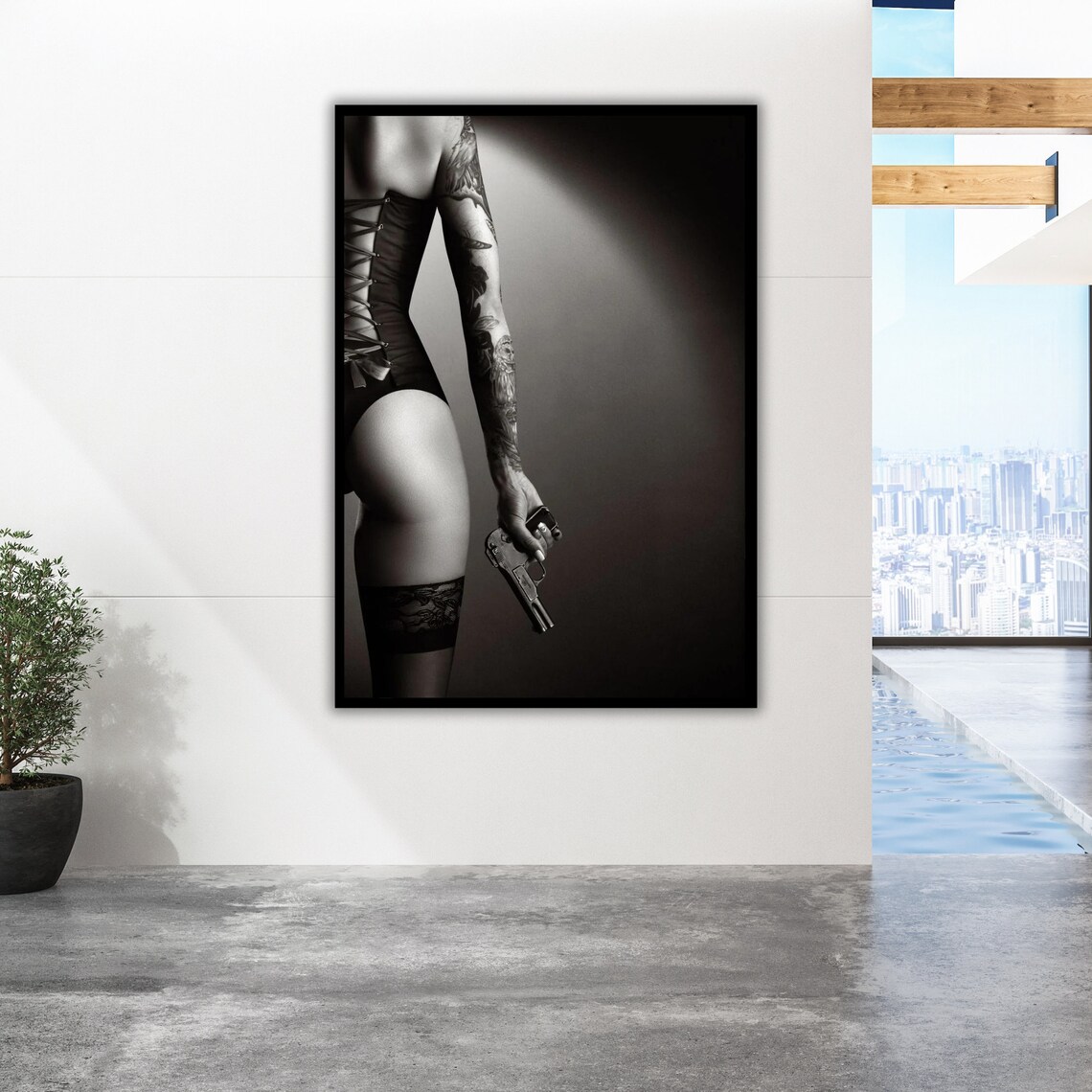Tattooed Woman Corset Pistol Monochrome Noir Nude Art Print Poster - Image 3